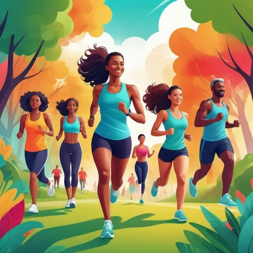 Prompt: Healthy lifestyle digital illustration, vibrant colors, energetic atmosphere, diverse group of people exercising, fresh natural surroundings, high quality, vibrant, energetic, diverse group, fitness, wellness, digital illustration, vibrant colors, natural surroundings, healthy lifestyle, high quality, energetic atmosphere