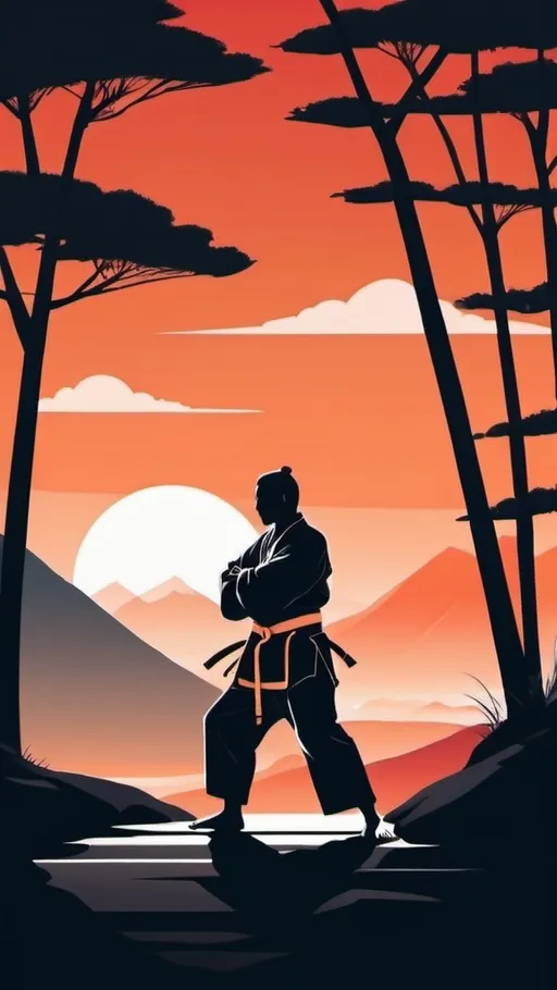 Prompt: martial arts sensei at a distance, abstract scenery, flat illustration 2d, intense colours, almost monochrome