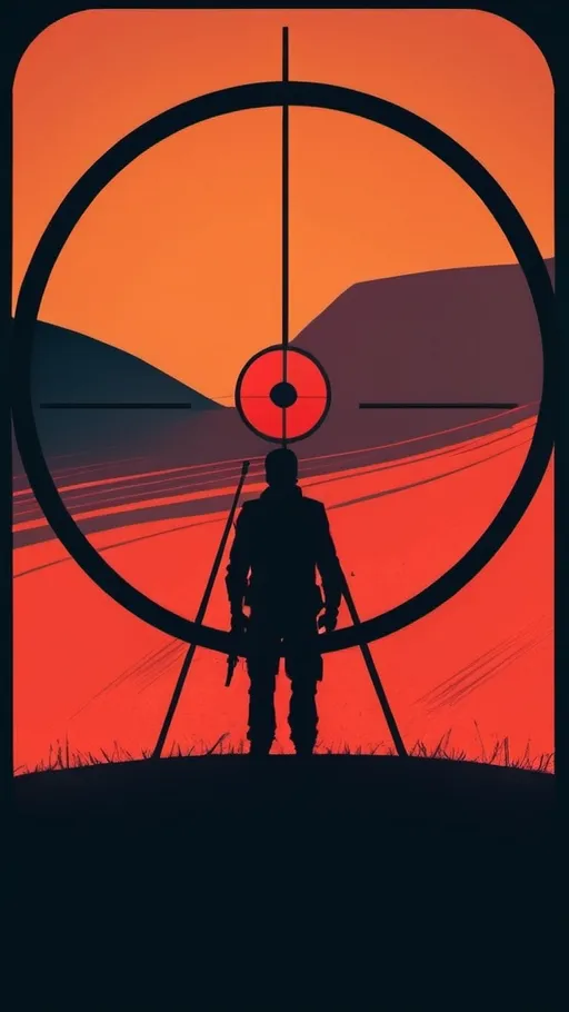 Prompt: (subject in the distance seen through crosshairs), abstract 2d illustration, intense color, high contrast, dramatic shadows, sharp lines, modern design, minimalist background, intense and focused atmosphere, silhouette effect, graphic novel style, flat illustration, digital art, trending on artstation