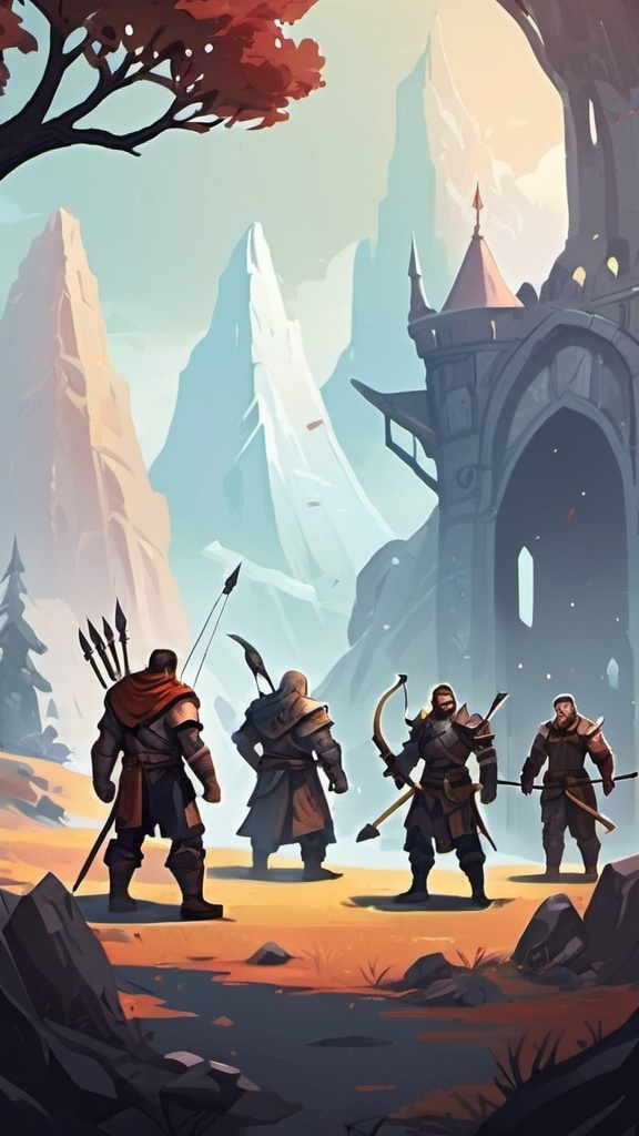 Prompt: party based combat themed, four heroes in the distance, one fighter, one archer, a  mage and a dwarf, fantastic elements in scenery. Abstract 2d illustration 