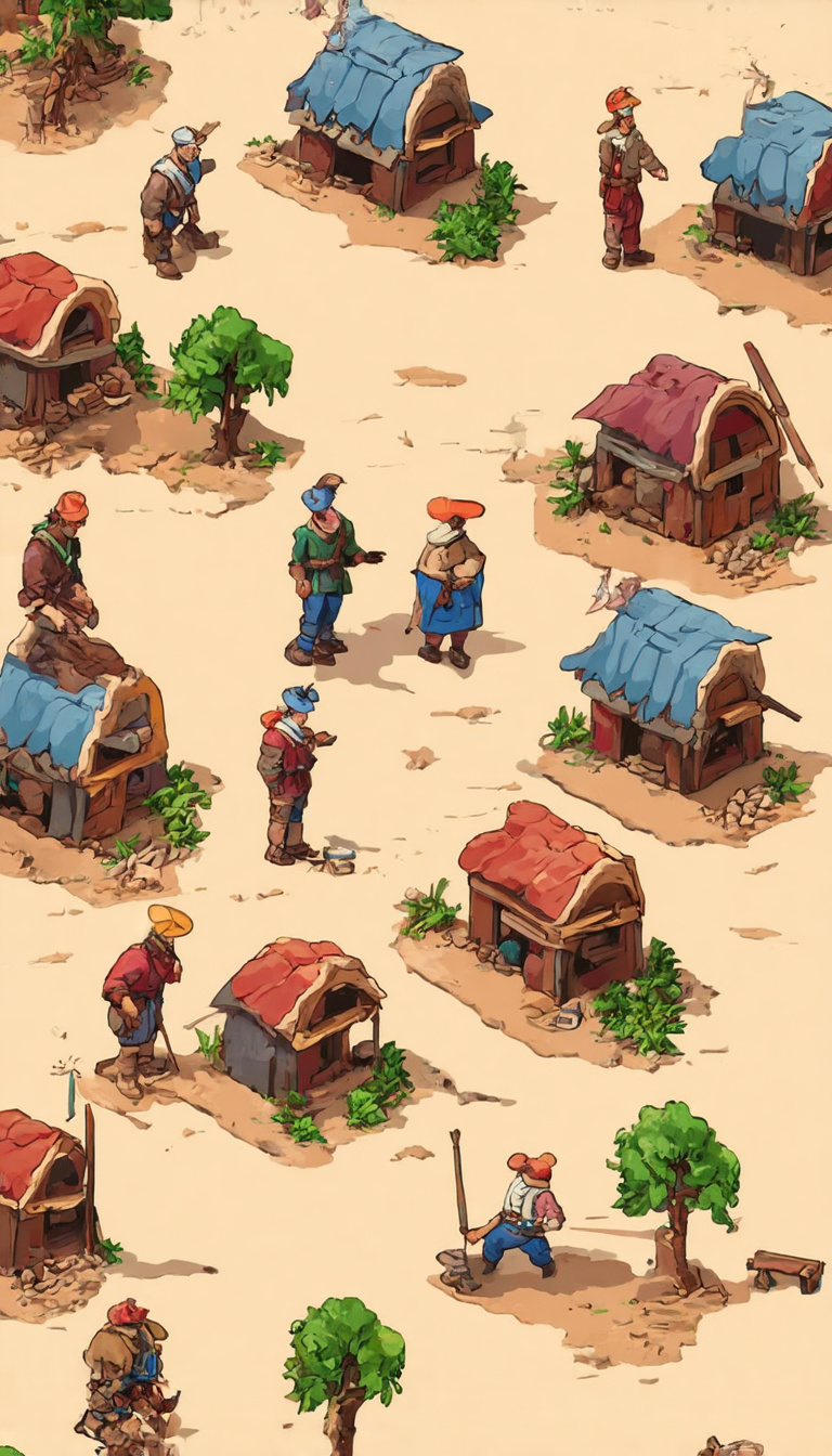 Prompt: a group of settlers building a village. Abstract style, 2d flat illustration stylistic