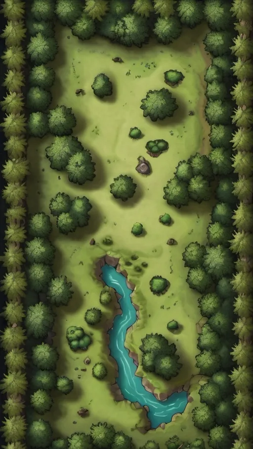 Prompt: A top-down map of a forest, 2d dnd battlemap, highly details, 8k