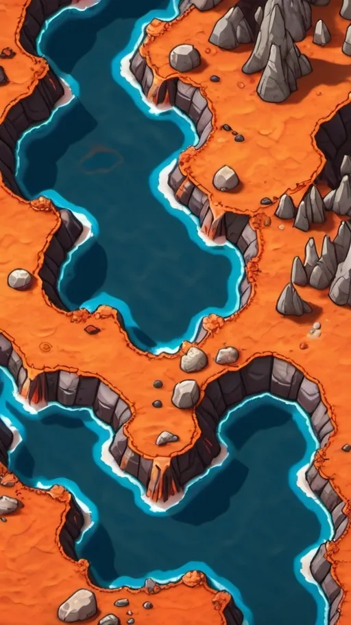 Prompt: A top-down map of a rocky terrain with magma pools, 2d tower defense map, highly details, 8k