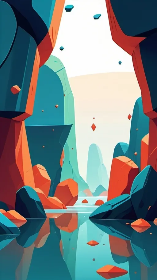 Prompt: abstract scenery, rocks can be seen that could be jumped from one to the other going forward. 2d illustration, flat, stylized