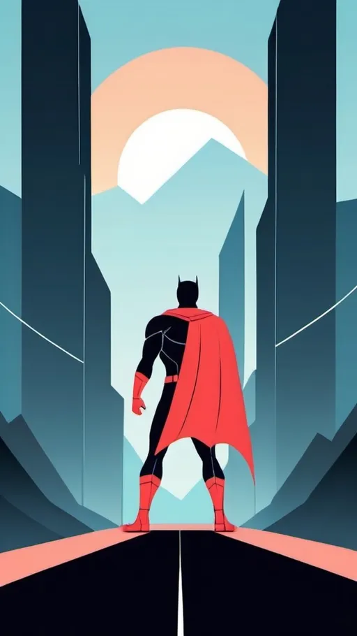 Prompt: super hero in the distance, abstract scenery. 2d illustration style, flat, thick lines