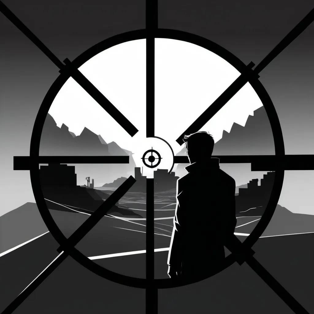 Prompt: (subject in the distance seen through crosshairs), abstract 2d illustration, intense monochrome color, high contrast, dramatic shadows, sharp lines, modern design, minimalist background, intense and focused atmosphere, silhouette effect, graphic novel style, ultra-detailed, flat illustration, digital art, trending on artstation