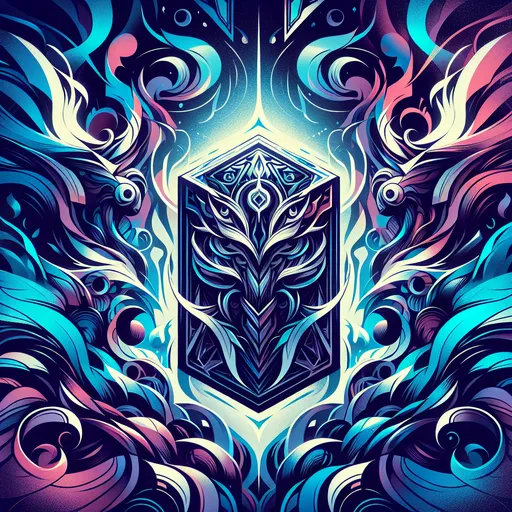 Prompt: abstract illustration with a trading card game theme, almost monochromatic with intense colour. Flat 2d, thick lines, magic the gathering, yugioh