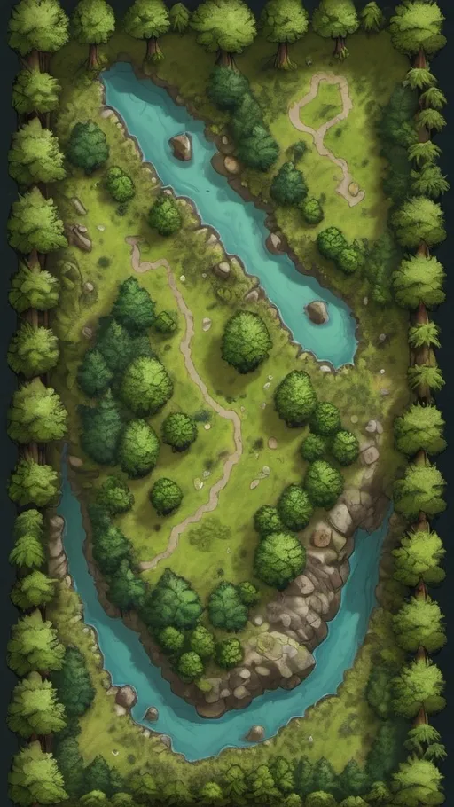 Prompt: A top-down map of a forest, 2d dnd battlemap, highly details, 8k