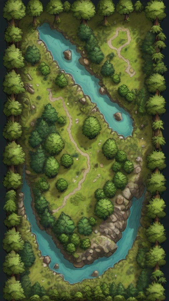 Prompt: A top-down map of a forest, 2d dnd battlemap, highly details, 8k