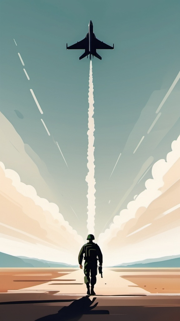 Prompt: military themed, subject walks toward jet in the distance, 2d abstract illustration flat