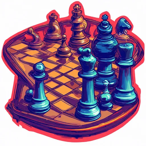 Prompt: abstract illustration with a chess theme, almost monochromatic with intense colour. Flat 2d, thick lines 