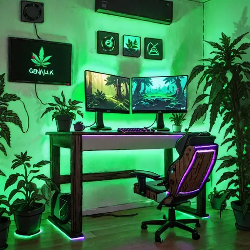 Prompt: (gaming pc set up in a room with desk and weed plants), ultra-detailed, 4K, digital rendering, cozy and relaxed atmosphere, ambient lighting, vibrant neon and green color tones, high-tech setup, RGB lighting on the PC, multiple monitors displaying game screens, potted weed plants on shelf, wooden desk, comfortable gaming chair, soft shadows, trendy room decor, subtle glow from LEDs, immersive gaming environment.