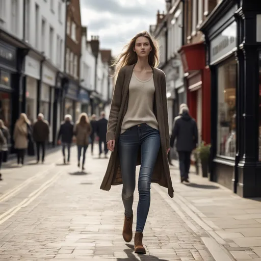 Prompt: Tall young woman walking down the high street, detailed clothing, realistic, natural lighting