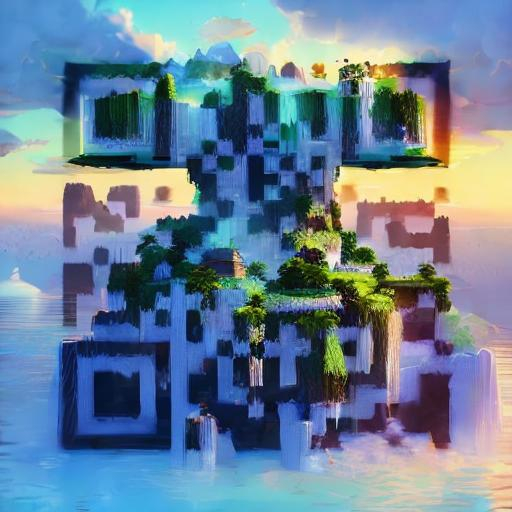 Prompt: A magnificent floating island in the sky above the sea, defying gravity, floating and flying island, waterfall, epic lighting, epic composition, highly detailed