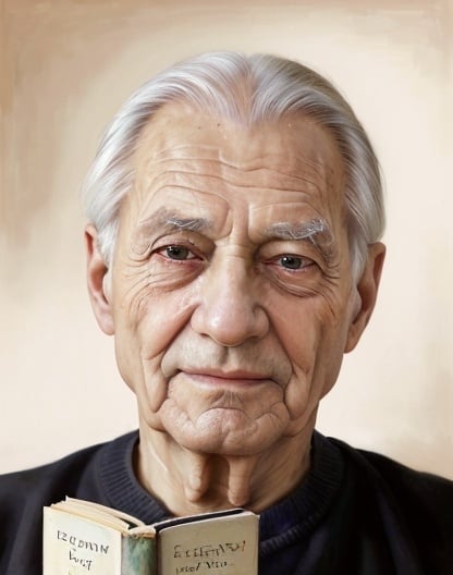 Prompt: Realistic portrait of a serene elderly man, soft oil painting, gentle smile with crow's feet, expressive eyes with wisdom, wrinkled hands holding a book, warm and comforting lighting, high resolution, lifelike realism, soft tones, gentle and peaceful ambiance, detailed facial features, calm and serene atmosphere, oil painting, tranquil, detailed hands, professional quality