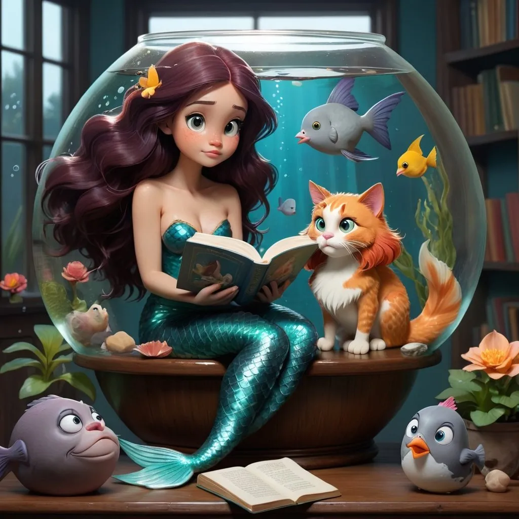 Prompt: A dark hair  mermaid sit down in a fishbowl  observing the world outside with a book, a ginger cat, a fish, and a pigeon 