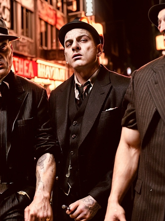 Prompt: (mobster scene), dramatic lighting, dark shadows, smoky ambiance, vintage suits, fedora hats, intense expressions, urban alleyway background, gritty atmosphere, cool tone colors, high detail, cinematic masterpiece, mysterious vibe, power struggle tension, nighttime NYC setting, (ultra-detailed)