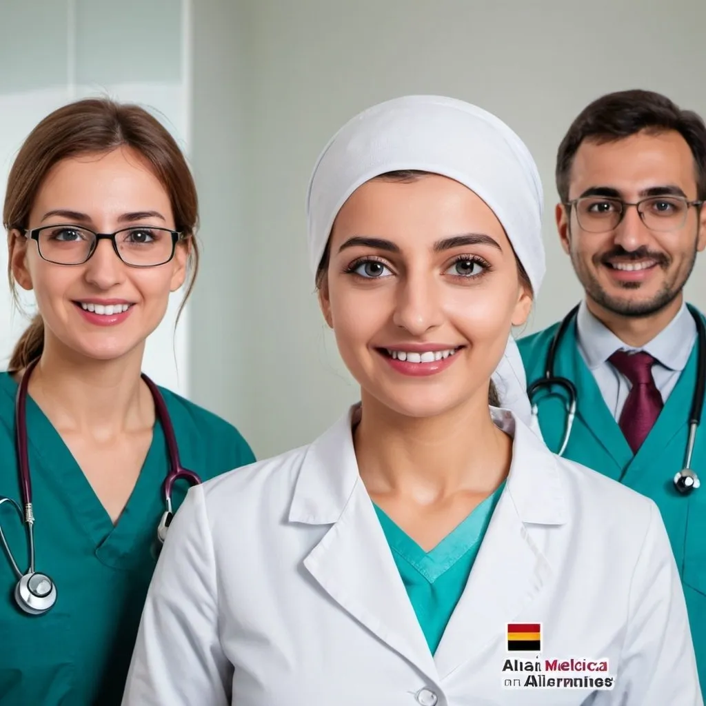 Prompt: generate an image for medical services in Germany with the logo الرعاية الطبية الالمانية showing a patient from Qatar and german doctors