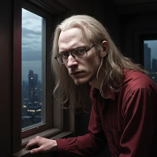 Prompt: pale man with long hair, hair attached, bothered, gloomy, wearing glasses and dark red shirt, at the window of a skycrapper, in the dark, by night