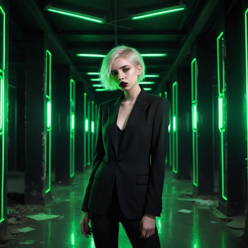 Prompt: very pale young lady in a teared black suit, sad face, short bleached hair, in an empty large building by night, full of green neon lights, gloss lipstick, full-body 