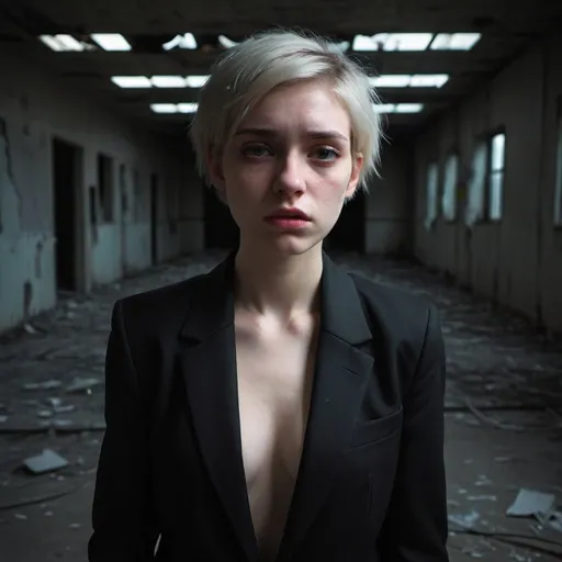 Prompt: very pale young lady in a torn dark suit, sad face, short hair, in an empty large building by night with a few neon lights