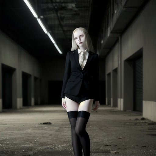 Prompt: very pale young lady with dark make-up in a dusted suit and ripped stockings, sad eyes, in an empty large building by night