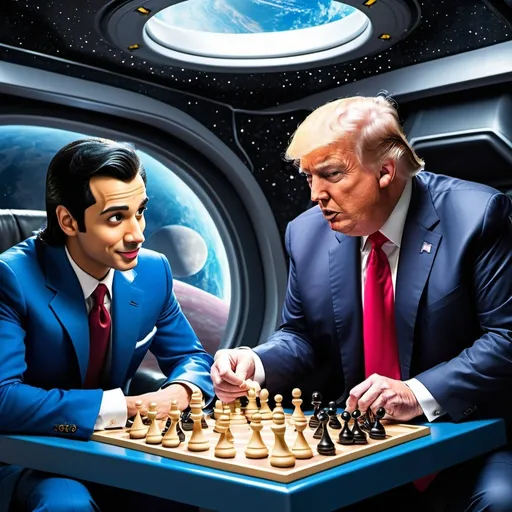 Prompt: Aladdin and Donald trump  wearing suits playing chess inside a space ship 