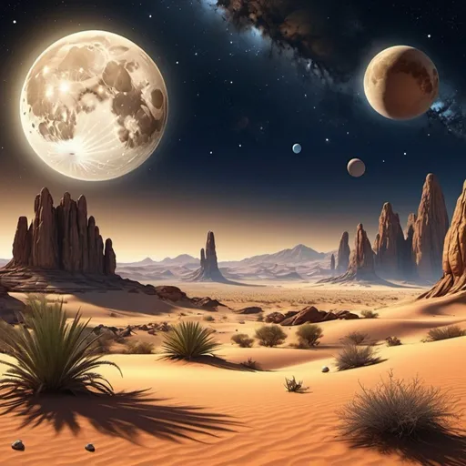 Prompt: In the desert, a scene in the sky, the moon and planets shining brightly, an image of a mixture of realism and animation.