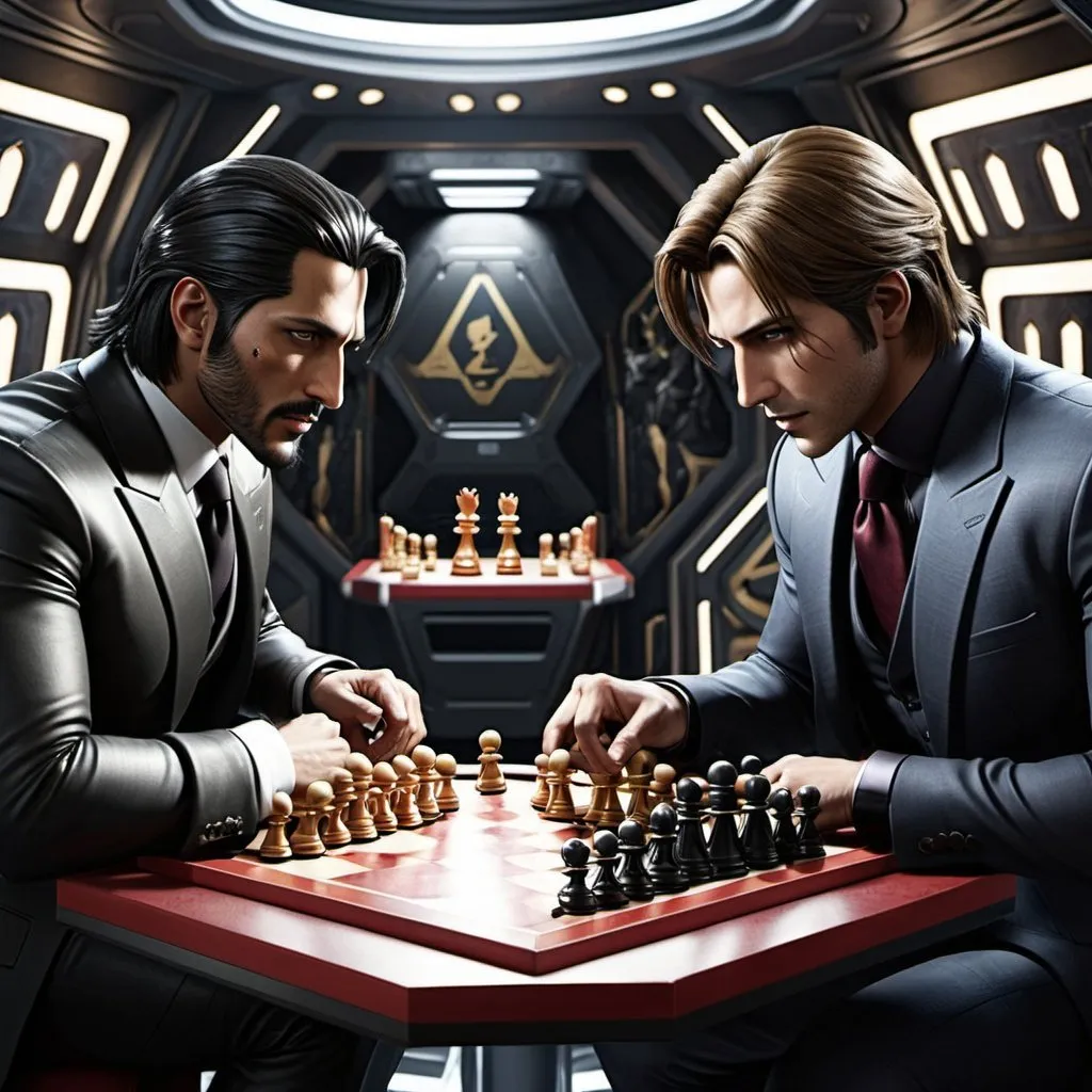 Prompt: Jafar and Leon Kennedy  wearing suits playing chess inside a space ship 