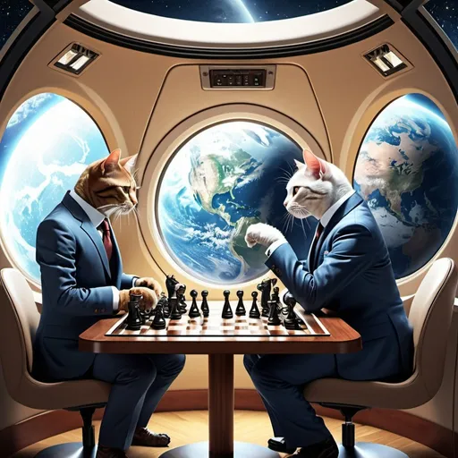 Prompt: 2 cats wearing suits playing chess inside space ship, the planet earth is visible from small window behind them, perfect art,4k quality. 