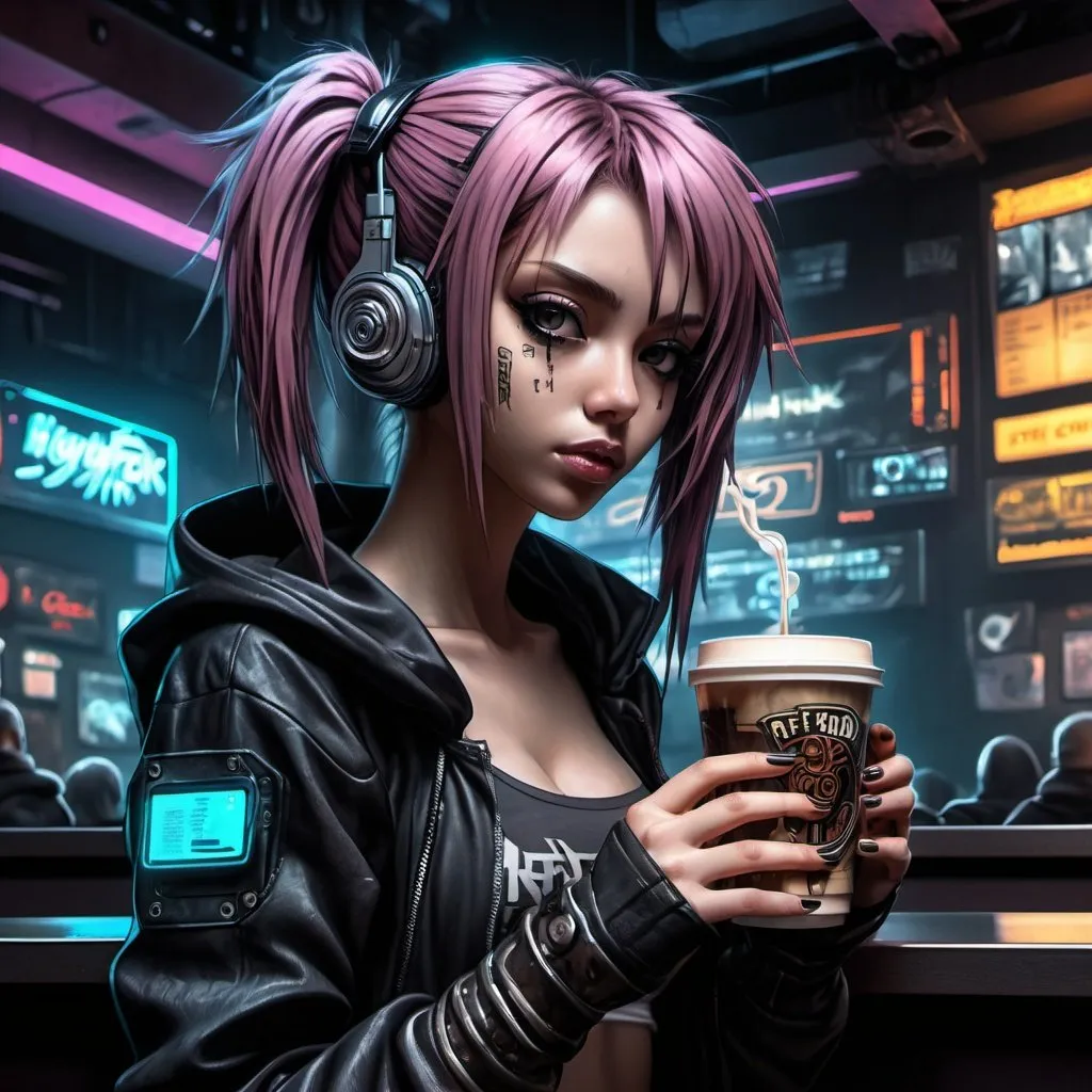 Prompt: Anime cyberpunk style, girl  in hard rock coffee , highly detailed, HD, dark background