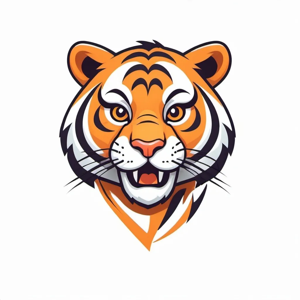 Prompt: Stylized cartoon tiger mascot, vector flat logo, simple lines, cute cartoon illustration, white backdrop