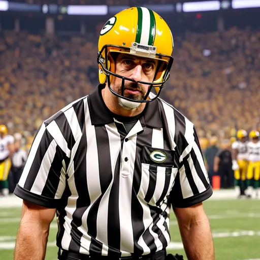 Prompt: Aaron Rodgers wearing a referee outfit 