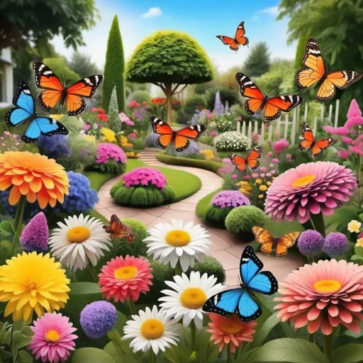 Prompt: Beautiful garden with different types of flowers and different types of beautiful butterflies on top of them 