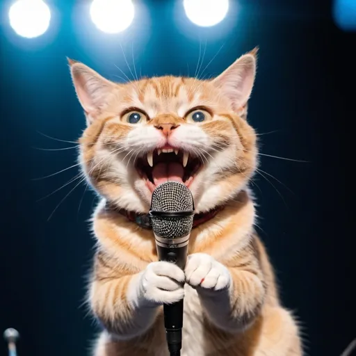 Prompt: A cat holding a mic performing on stage with a wide smile