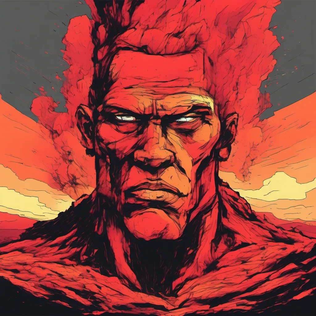 Prompt: A Strong man face made of hot red lava volcano 