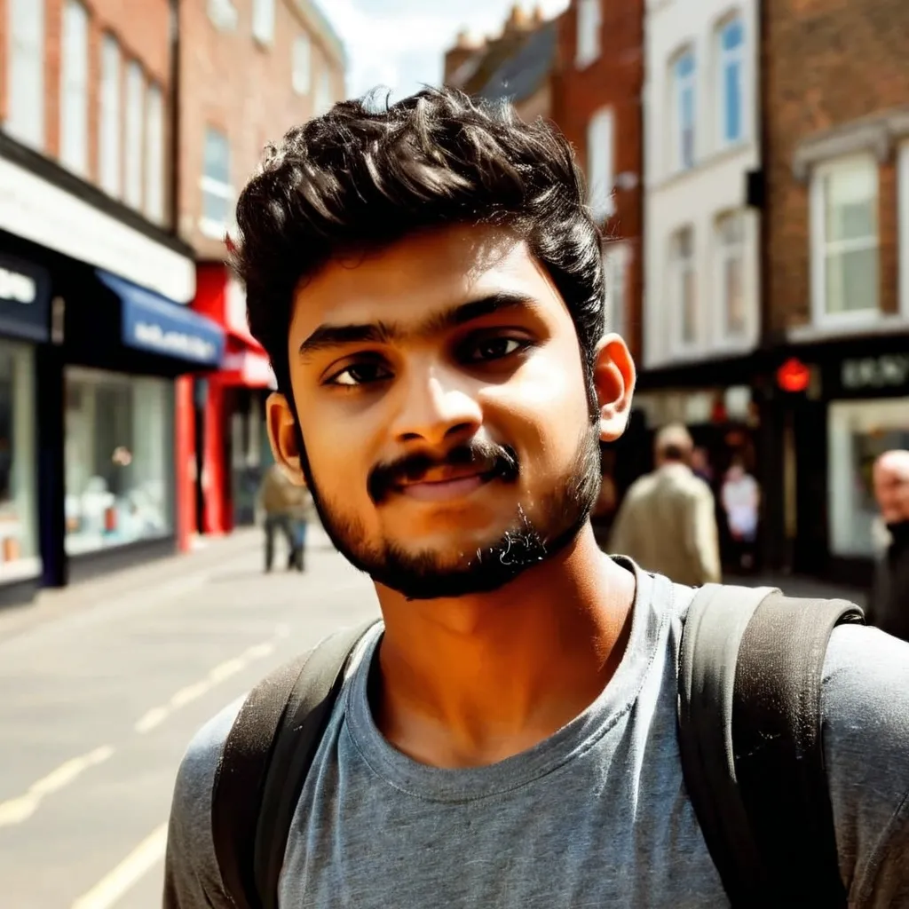 Prompt: Tall young men walking down the high street, detailed clothing, realistic, natural lighting