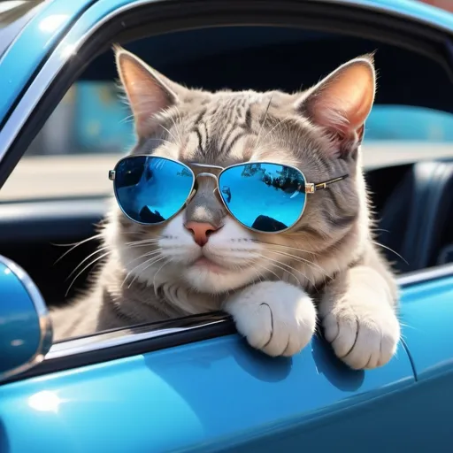 Prompt: draw a cat with sunglasses in a blue bugatti with money in the air