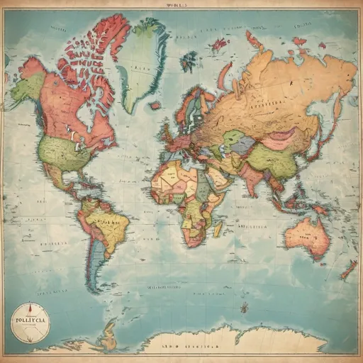 Prompt: a detailed clearly labelled political world map in color with a slightly vintage look