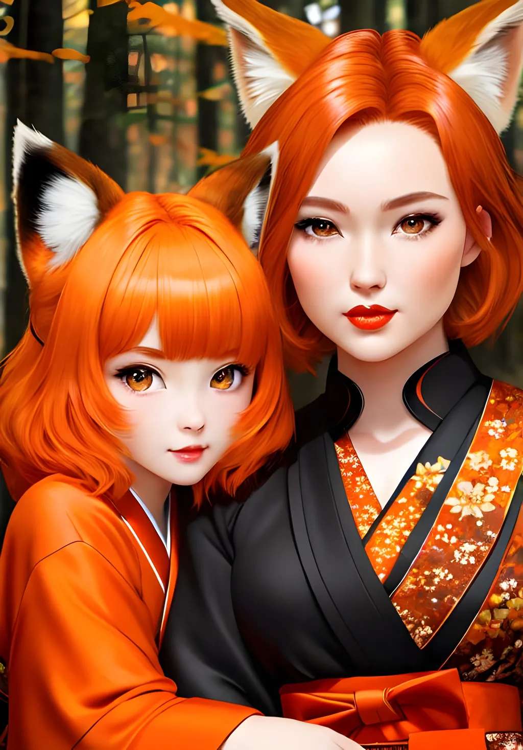 Prompt: Portrait of a beautiful women accompanied by a big black bear in a orange forest, autumn, with short hair, light ginger hair and pale brown eyes, kneeling, fluffy hair, fox girl, animal ear, surprise face, startled, ginger fox ears, red lipstick, wearing a black Miko kimono, highly detailed face, Realistic Photo Portraits, professional, 2k, UHD, highly detailed, ultra refine, 