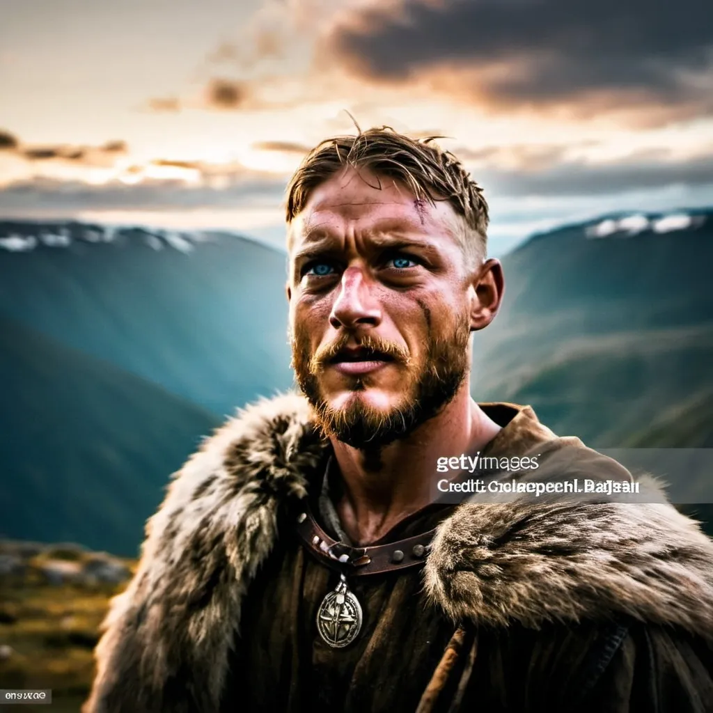 Prompt: An epic landscape of majestic Norwegian mountains at dawn, shrouded in mist and illuminated by golden sunlight. In the foreground, a rugged Viking warrior named Ragnar, age 35, stands on a cliff with bald head and a thick beard, wearing a weathered tunic and a fur cloak. The cold winds swirl around him, and ghostly images of ancient warriors whisper in the air, symbolizing his dreams of glory and conquest.