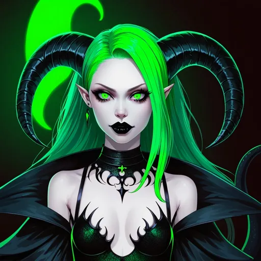 Prompt: A demonic woman with pale skin, black lips, neon green eyes, neon green hair and black goatlike horns, and a long black demonic tail