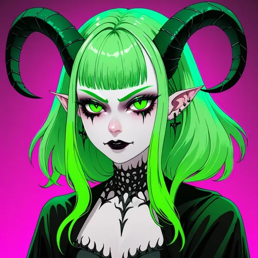 Prompt: A demonic woman with pale skin, neon green eyes, neon green hair and black goatlike horns