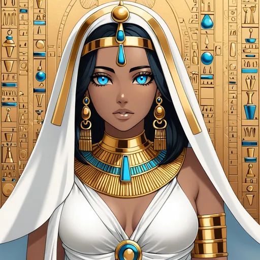 Prompt: Egyptian woman with shoulder length  black hair, cold blue eyes, light bronze skin, white clothes and gold jewelry