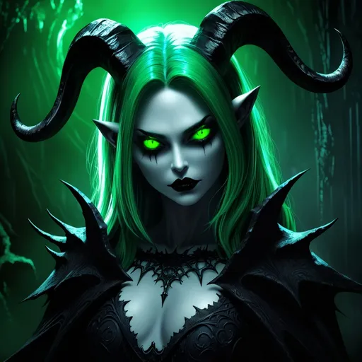 Prompt: A demonic woman with pale skin, black lips, neon green eyes, neon green hair and black goatlike horns