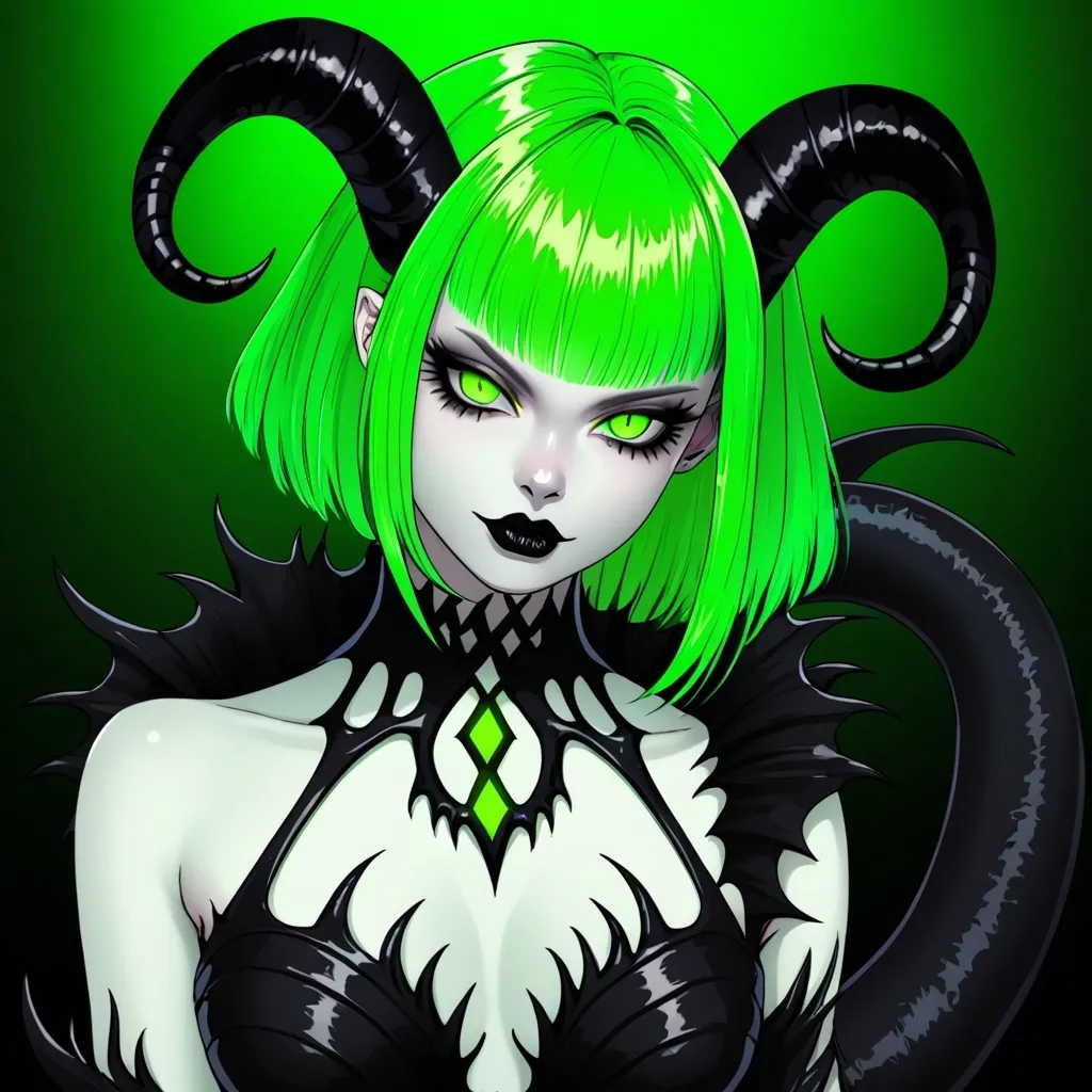 Prompt: A demonic woman with pale skin, black lips, neon green eyes, neon green hair and black goatlike horns, and a long black demonic tail