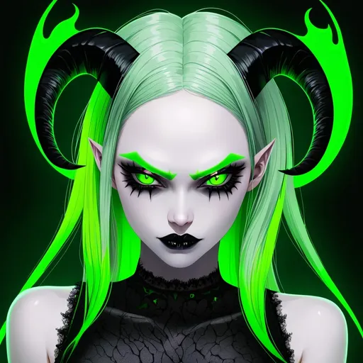 Prompt: A demonic woman with pale skin, black lips, neon green eyes, neon green hair and black goatlike horns