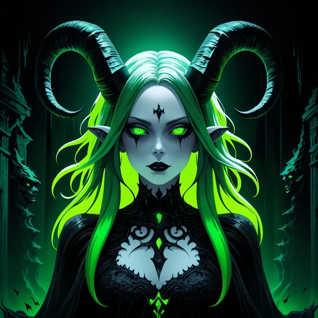 Prompt: A demonic woman with pale skin, neon green eyes, neon green hair and black goatlike horns