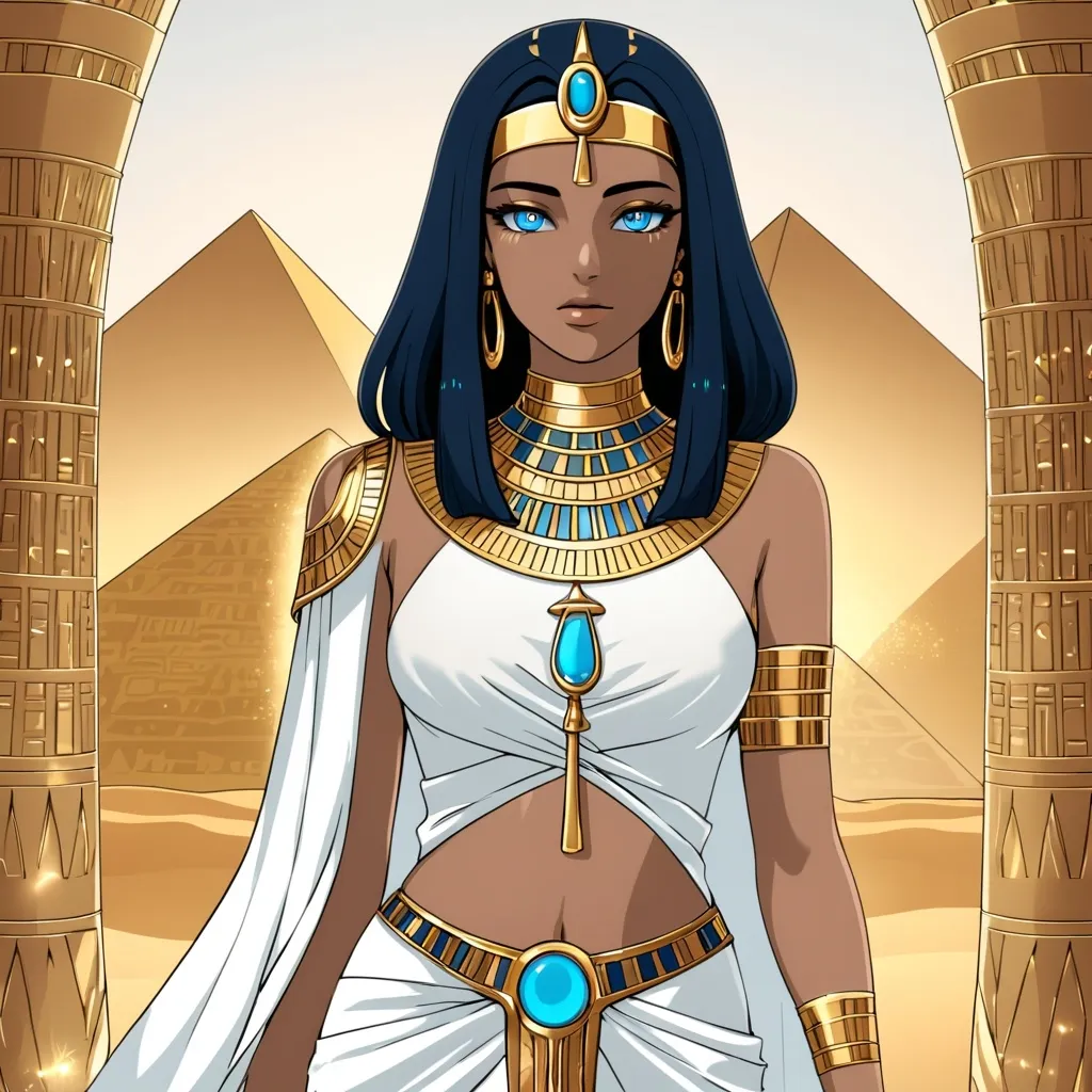 Prompt: Egyptian woman with shoulder length  black hair, cold blue eyes, light bronze skin, white clothes and gold jewelry