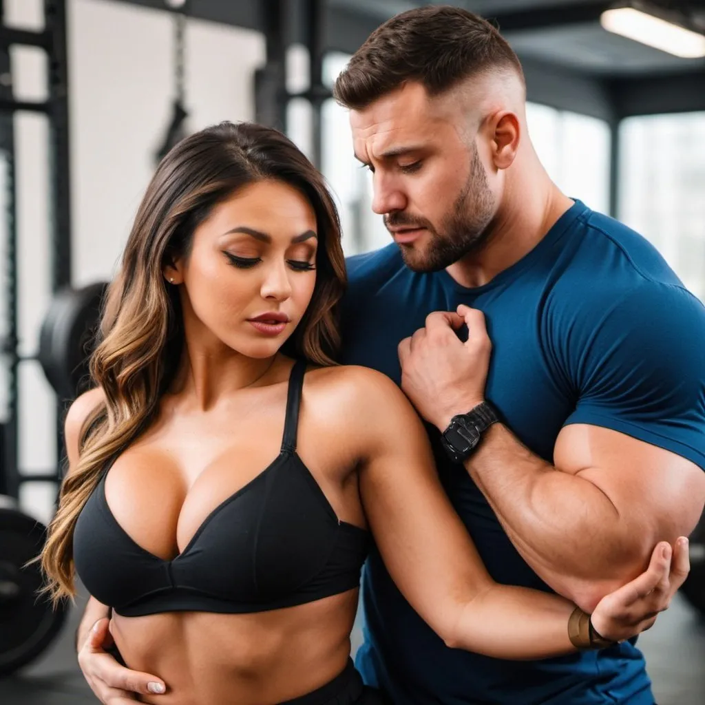 Prompt: a beautiful hot girl with a strong stocky muscular swole guy holding her from behind and choking her chest. The guy is pressing her chest from behind